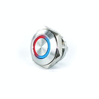 Bouton Poussoir Inox profil court dia.16mm contact NO Momentané Couronne Lumineuse Rouge/Bleu 3V-Lire la description