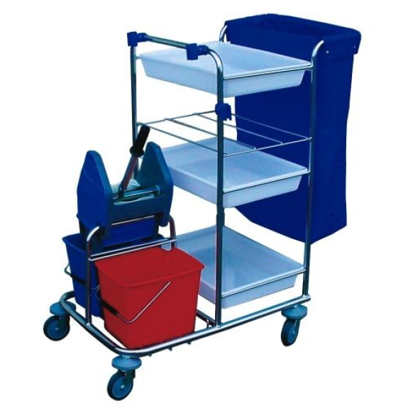 Carrello di pulizia con ripiani e secchi-Leggi tutto