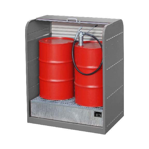 Gefahrstoff-Rollladenschrank RSG-1, max. 2x 200-l-Fässer, Mausgrau-Beschreibung lesen