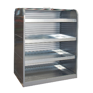Gefahrstoff-Rollladenschrank RSG-4 mit 4 Kleingebindewannen, Mausgrau-Beschreibung lesen