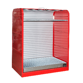 Gefahrstoff-Rollladenschrank RSG-2 mit verzinktem Gitterrostboden, max. 6x 60-l-Fässer, Feuerrot-Beschreibung lesen