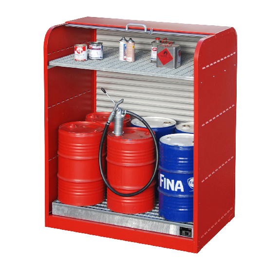 Gefahrstoff-Rollladenschrank RSG-2 mit verzinktem Gitterrostboden, max. 6x 60-l-Fässer, Feuerrot-Beschreibung lesen