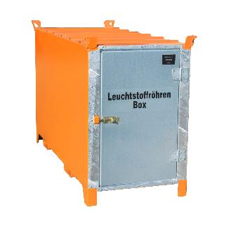 Leuchtstoffröhren-Box SL 150 nach ADR/RID 1.1.3.10c, Gelborange mit verzinkter Tür-Beschreibung lesen