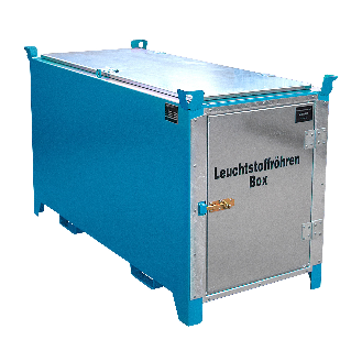 Leuchtstoffröhren-Box SL-D 150 nach ADR/RID 1.1.3.10c, Lichtblau mit verzinkter Tür und Deckel-Beschreibung lesen