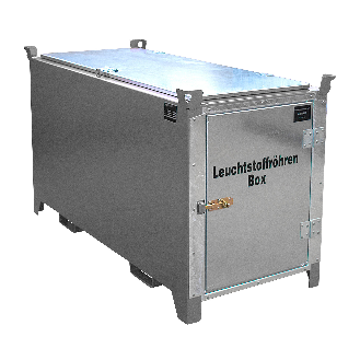 Leuchtstoffröhren-Box SL-D 150 nach ADR/RID 1.1.3.10c, mausgrau mit verzinkter Tür und Deckel-Beschreibung lesen