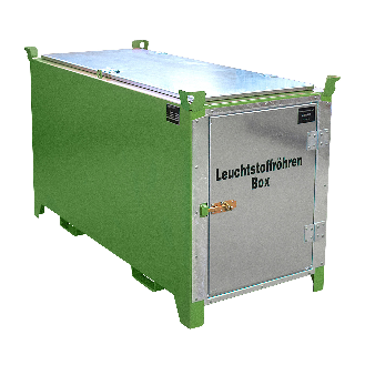 Leuchtstoffröhren-Box SL-D 150 nach ADR/RID 1.1.3.10c, Resedagrün mit verzinkter Tür und Deckel-Beschreibung lesen