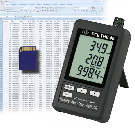 PCE Instruments Thermohygromètre PCE THB 40 |Sélection dunités de pression hPa, mmHg et inHg |Carte SD incluse-Leer más