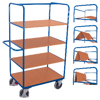 Hoher Etagenwagen, Wände offen mit 4 klappbaren Ladeflächen 975x700mm-Beschreibung lesen