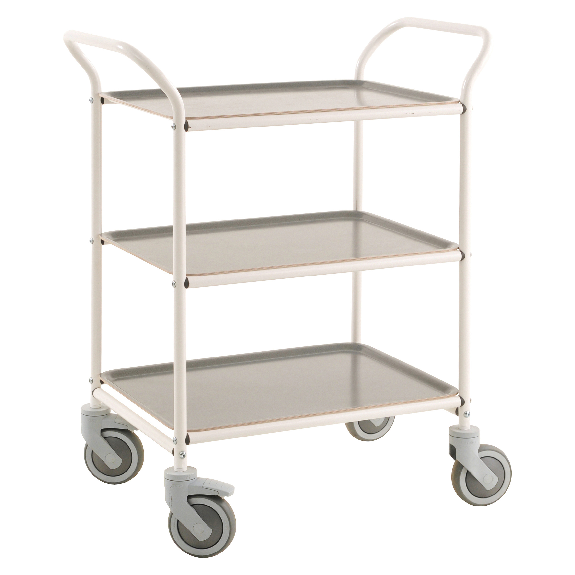 Kongamek Tablettwagen 770x495x960mm weiß pulverbeschichtet mit Bremse und 3 Tabletts in grau Kongamek Tablettwagen 770x495x960mm weiß pulverbeschichtet mit Bremse und 3 Tabletts in grau-Beschreibung lesen