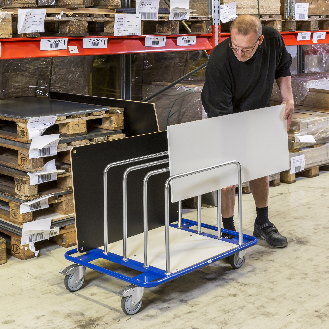 Kongamek Leichter Plattenwagen pulverbeschichtet in blau 1000x700x690mm mit laminiertem Boden und 5 Ladebügeln-Beschreibung lesen