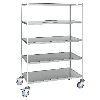 Edelstahl-Etagenwagen vollständig geschweißt, 5 Ladeflächen 1050x550mm Gummibereifung mit Bremse-Beschreibung lesen