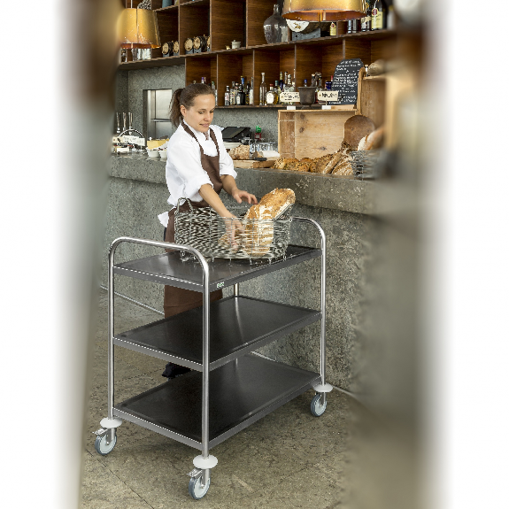Edelstahl-Tischwagen rostfrei mit 3 Böden 825x500mm mit Gummibereifung und Bremse Edelstahl-Tischwagen rostfrei mit 3 Böden 825x500mm mit Gummibereifung und Bremse-Beschreibung lesen