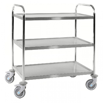 Edelstahl-Tischwagen rostfrei mit 3 Böden 825x500mm mit Gummibereifung und Bremse-Beschreibung lesen