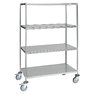 Edelstahl-Etagenwagen vollständig geschweißt, 4 Ladeflächen 800x550mm Gummibereifung mit Bremse-Beschreibung lesen