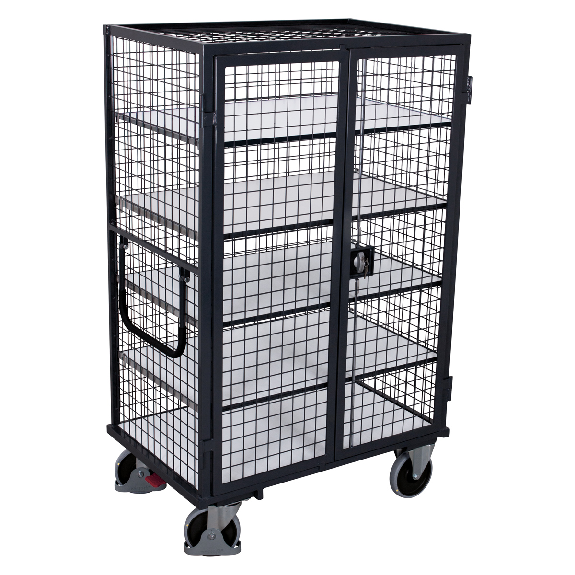ESD Etagenwagen, vergittert mit Flügeltür, Schiebebügel und 5 Ladeflächen 1045x685mm ESD Etagenwagen, vergittert mit Flügeltür, Schiebebügel und 5 Ladeflächen 1045x685mm-Beschreibung lesen