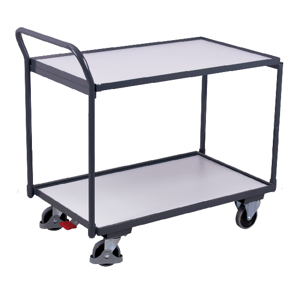 ESD Tischwagen mit gebogenem Schiebegriff und 2 Ladeflächen 835x490mm ESD Tischwagen mit gebogenem Schiebegriff und 2 Ladeflächen 835x490mm-Beschreibung lesen