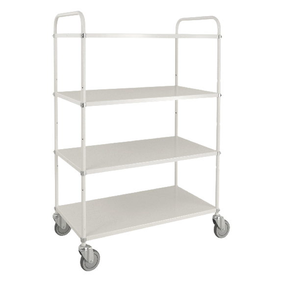 Etagenwagen mit 4 Böden 900x440mm pulverbeschichtet in weiß 24mm Rand ohne Bremse Etagenwagen mit 4 Böden 900x440mm pulverbeschichtet in weiß 24mm Rand ohne Bremse-Beschreibung lesen