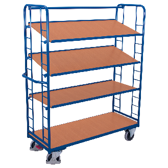 Etagenwagen mit Seiten aus Drahtgitter, Rohrschiebegriff und 3 neigbaren Etagenboden 1650x650mm-Beschreibung lesen