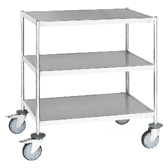 Edelstahl-Etagenwagen vollständig geschweißt, 3 Ladeflächen 625x415mm Gummibereifung mit Bremse-Beschreibung lesen