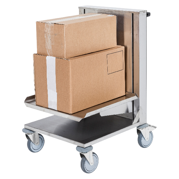 Edelstahl-Kistenwagen 560x500x1565mm mit gefedertem Boden, Gummibereifung und Bremse-Beschreibung lesen