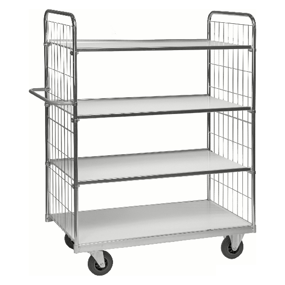 Bordwagen verzinkt mit 4 laminierten Böden 1000x600mm vergitterte Stirnwände mit Bremse-Beschreibung lesen