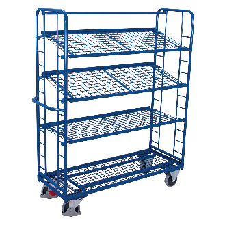 Etagenwagen mit vergitterten Seiten, Rohrschiebegriff und 3 neigbaren Drahtgitterböden 1355x550mm-Beschreibung lesen