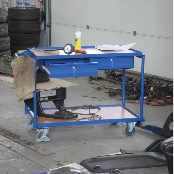 Tischwagen mit Schiebegriff, 2 Schubladen und 2 Ladeflächen 985x595mm Tischwagen mit Schiebegriff, 2 Schubladen und 2 Ladeflächen 985x595mm-Beschreibung lesen