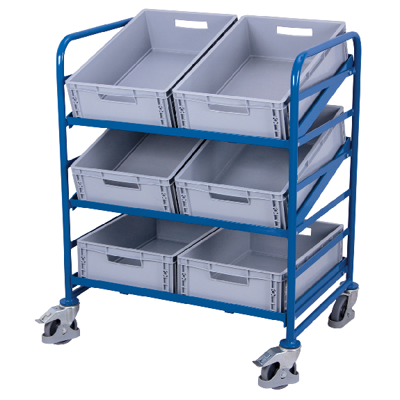 Eurokastenwagen mit 6 Kunststoffkisten und 2 neigbaren Etagen 825x610mm Eurokastenwagen mit 6 Kunststoffkisten und 2 neigbaren Etagen 825x610mm-Beschreibung lesen