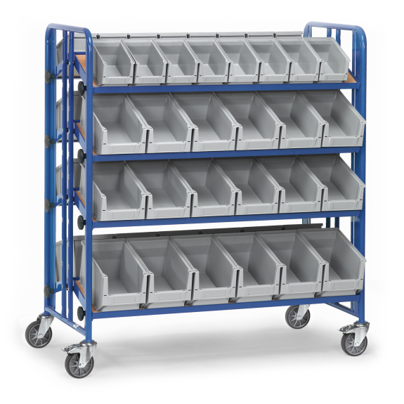Carro de montaje con 4 estantes inclinables de material a base de madera, con cajas de almacenamiento visuales-Leer más