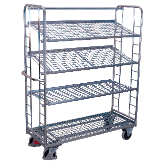 Etagenwagen mit Seiten aus Drahtgitter, Rohrschiebegriff und 3 neigbaren verzinkten Etagenböden 1650x650mm-Beschreibung lesen