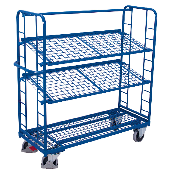 Etagenwagen mit vergitterten Seiten, Rohrschiebegriff und 2 neigbaren Drahtgitterböden 1650x650mm Etagenwagen mit vergitterten Seiten, Rohrschiebegriff und 2 neigbaren Drahtgitterböden 1650x650mm-Beschreibung lesen