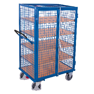 Etagenwagen, außen vergittert mit Flügeltür, Hebelgriff und 5 Ladeflächen 1245x785mm-Beschreibung lesen