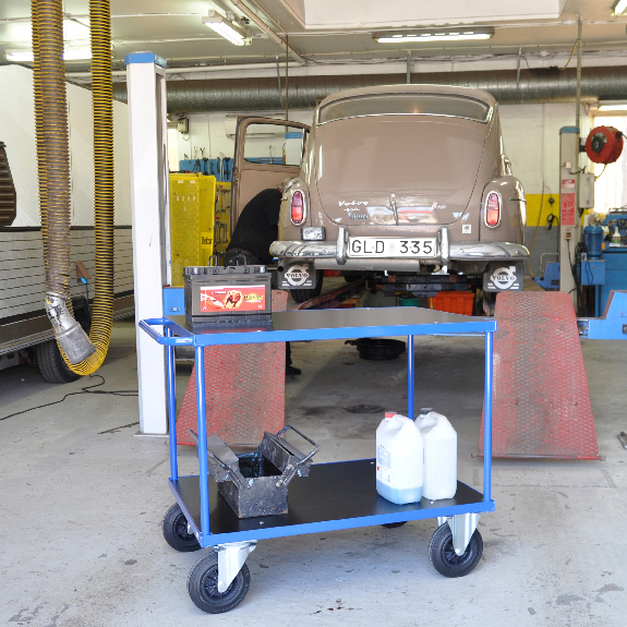 Tischwagen in blau 1000x600x870mm mit Schiebegriff, Gummibereifung-Beschreibung lesen