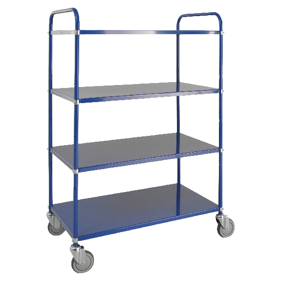 Etagenwagen mit 4 Böden 900x440mm pulverbeschichtet in blau 24mm Rand mit Bremse Etagenwagen mit 4 Böden 900x440mm pulverbeschichtet in blau 24mm Rand mit Bremse-Beschreibung lesen