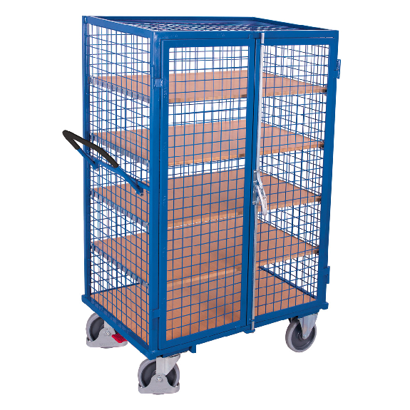 Etagenwagen, außen vergittert mit Flügeltür, Drehgriff und 5 Ladeflächen 1045x685mm Etagenwagen, außen vergittert mit Flügeltür, Drehgriff und 5 Ladeflächen 1045x685mm-Beschreibung lesen