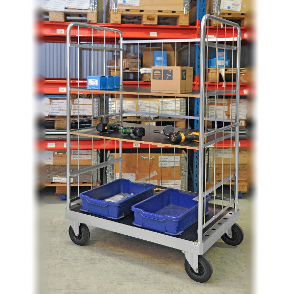 Etagenwagen verzinkt 1900mm hoch 3 Drahtwände mit 4 Ladeflächen 1105x742mm aus MDF mit Bremse-Beschreibung lesen