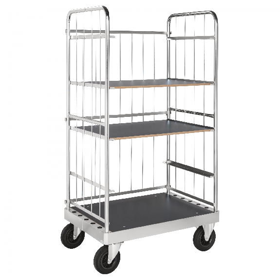 Etagenwagen verzinkt 1900mm hoch 3 Drahtwände mit 4 Ladeflächen 1105x742mm aus MDF mit Bremse-Beschreibung lesen