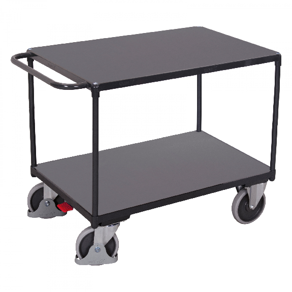 VARIOfit Schwerer Tischwagen mit Schiebegriff, 2 Ladeflächen und Gummibereifung Anthrazitgrau 1200x800mm-Beschreibung lesen