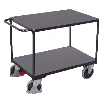 VARIOfit Schwerer Tischwagen mit Schiebegriff, 2 Ladeflächen und Gummibereifung Anthrazitgrau 1200x800mm-Beschreibung lesen