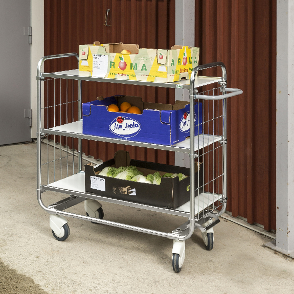 Bordwagen verzinkt mit 3 laminierten Böden 1195x470mm und vergitterten Stirnwänden und Bremse-Beschreibung lesen
