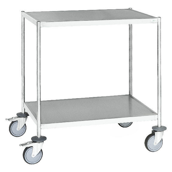 Edelstahl-Etagenwagen vollständig geschweißt, 2 Ladeflächen 625x415mm Gummibereifung mit Bremse Edelstahl-Etagenwagen vollständig geschweißt, 2 Ladeflächen 625x415mm Gummibereifung mit Bremse-Beschreibung lesen