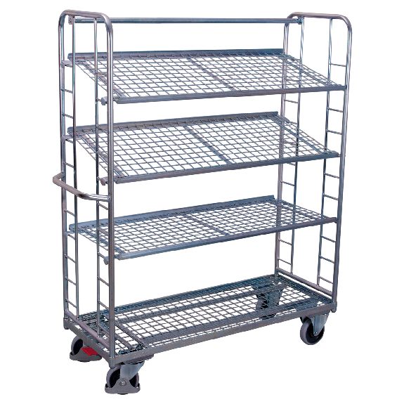 Etagenwagen mit Seiten aus Drahtgitter, Rohrschiebegriff und 3 neigbaren verzinkten Etagenboden 1355x550mm Etagenwagen mit Seiten aus Drahtgitter, Rohrschiebegriff und 3 neigbaren verzinkten Etagenboden 1355x550mm-Beschreibung lesen