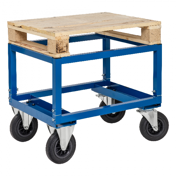 Palettenwagen blau 654 mm höhenverstellbar mit Bremse für Halbpaletten 800x600 mm-Beschreibung lesen