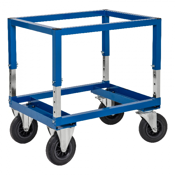Palettenwagen blau 654 mm höhenverstellbar mit Bremse für Halbpaletten 800x600 mm-Beschreibung lesen