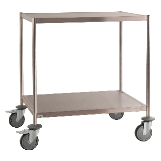 Edelstahl-Etagenwagen vollständig geschweißt, 2 Ladeflächen 800x550mm Gummibereifung rostfrei mit Bremse-Beschreibung lesen