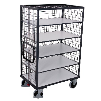 ESD Etagenwagen, außen vergittert mit Schiebebügel und 5 Ladeflächen 1045x685mm-Beschreibung lesen