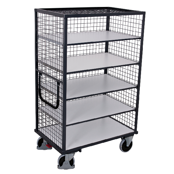 Carro de estanterías ESD, enrejado exterior con asas deslizantes y 5 superficies de carga 1045x685 mm-Leer más