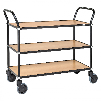 Design Servierwagen in schwarz mit 3 Böden 760x430mm in Bucheoptik ohne Bremse-Beschreibung lesen