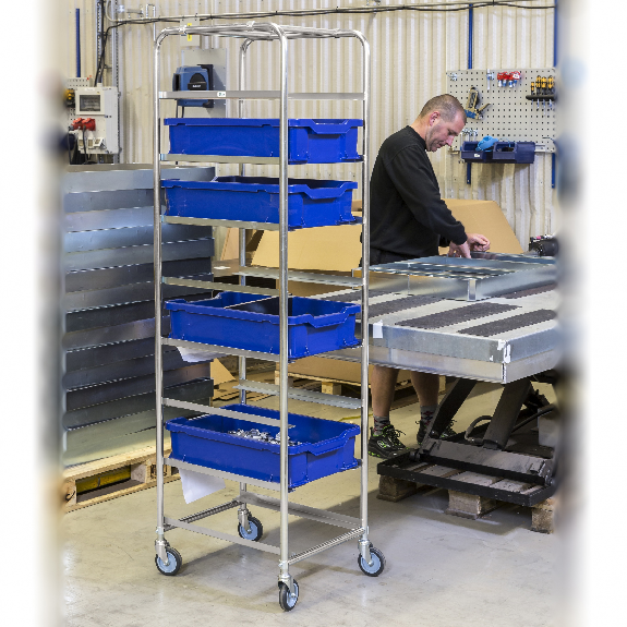 Kistenwagen 460x590x1880mm verzinkt mit 8 Böden mit Bremse Kistenwagen 460x590x1880mm verzinkt mit 8 Böden mit Bremse-Beschreibung lesen