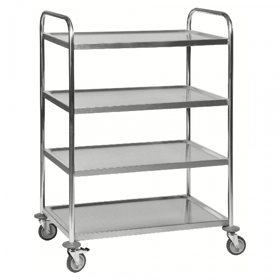 Kongamek Edelstahl- Tischwagen rostfrei mit 4 Böden 825x500mm mit Polyurethanbereifung und Bremse-Beschreibung lesen